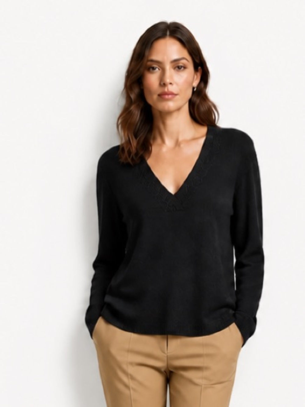 ETCETERA Sweater Pullover Corded V Neck Black Lightweight 3/4 Sleeves Small
